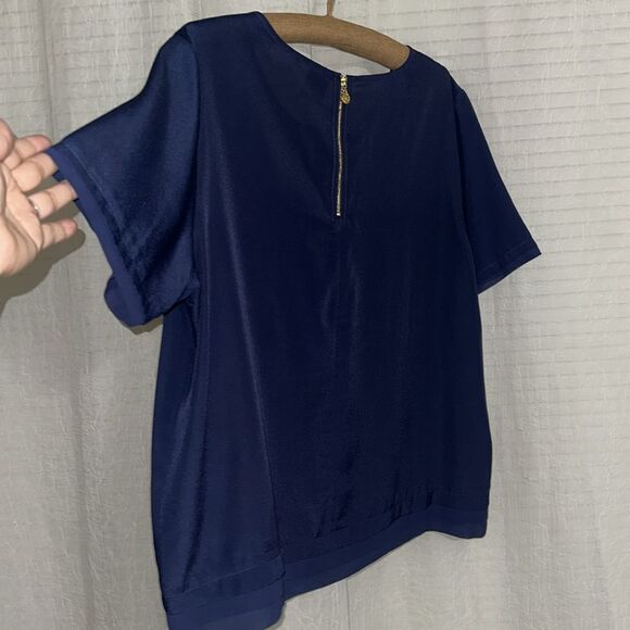 Anne Klein XL Midnight Blue Pop Over Boxy Fit Chiffon Pleated Details Blouse - Picture 11 of 11
